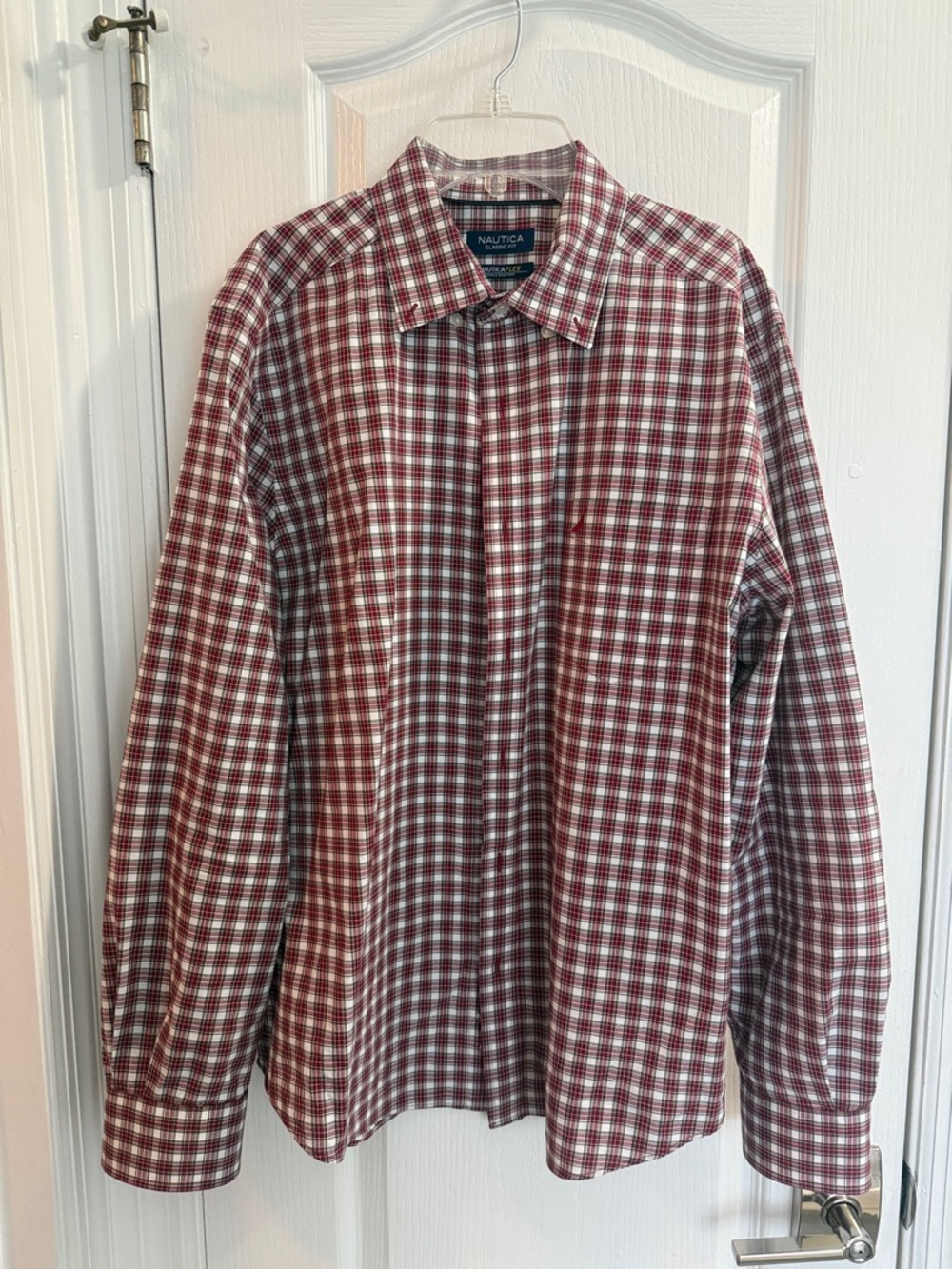 Nautica Men's Burgundy and White Plaid Button-Down Shirt - Long Sleeve